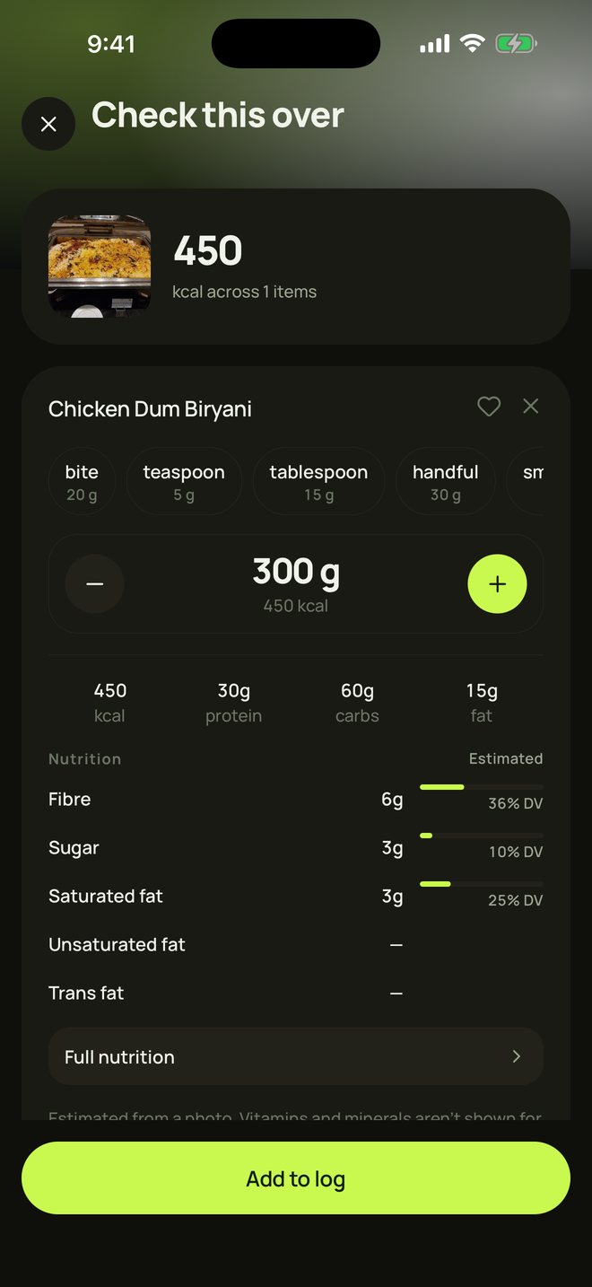 The review screen after a photo: Chicken Dum Biryani, 450 kcal, with portion controls